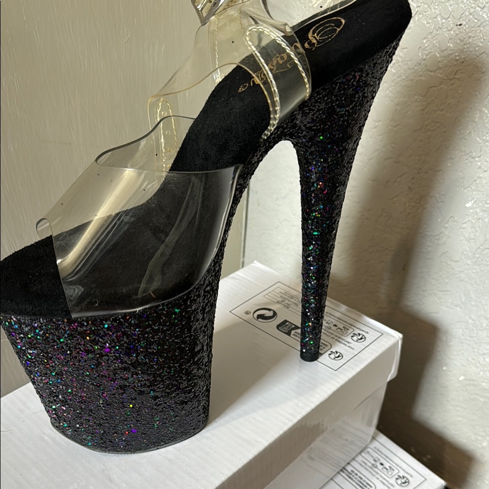 Pleaser Black Platform Shoes with Glitter Finish